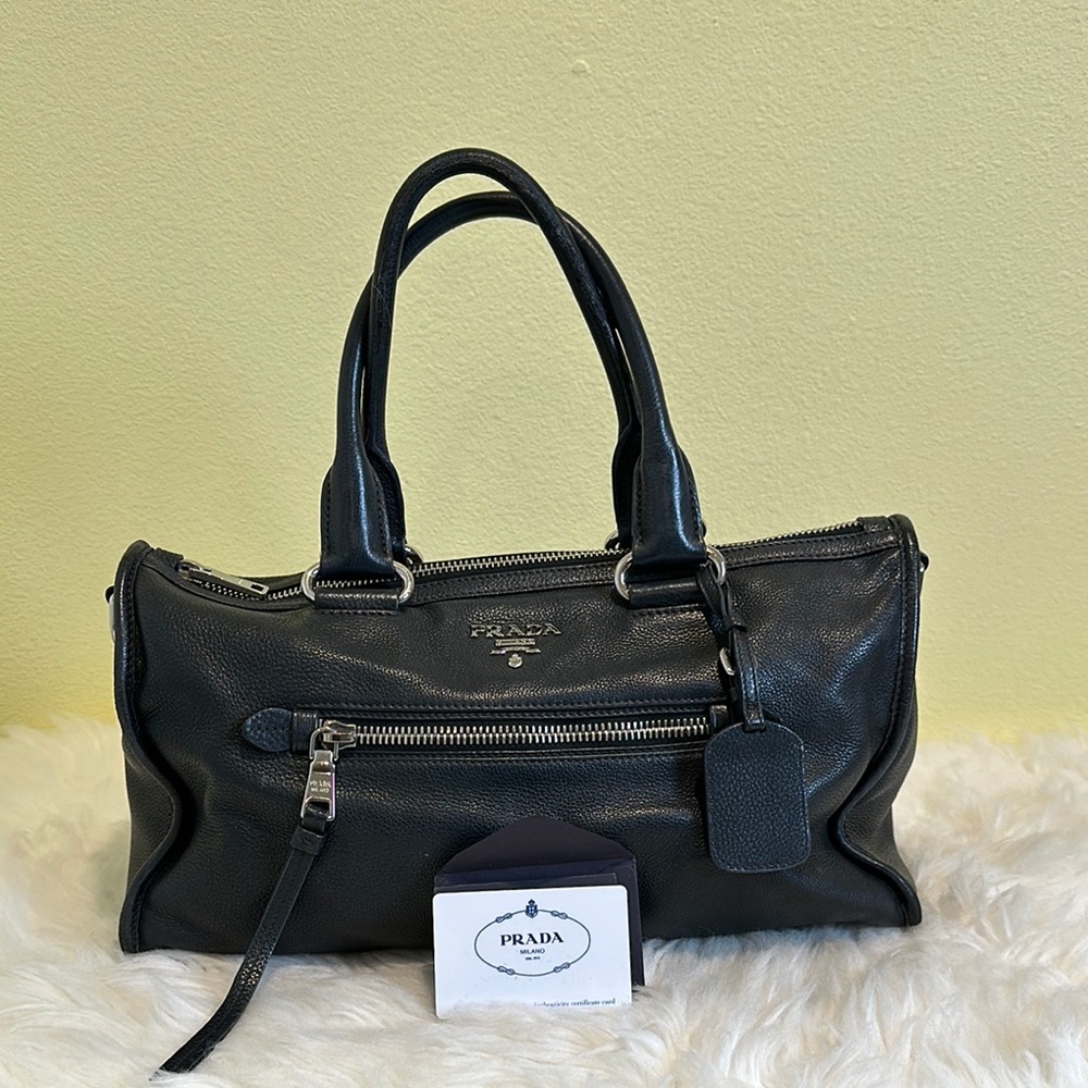 ❌❌SOLD💯Authentic Prada Blue Vitello Phenix Leather Zip Satchel.